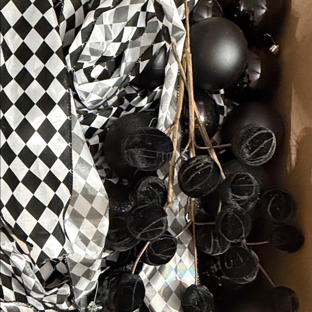 Black & White - ribbon, Black velvet stems & shatterproof ornaments bundle